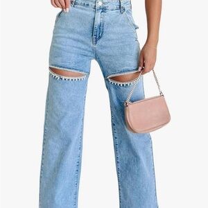 Kedera Women High Waist Denim Jeans Rhinestone Trim
